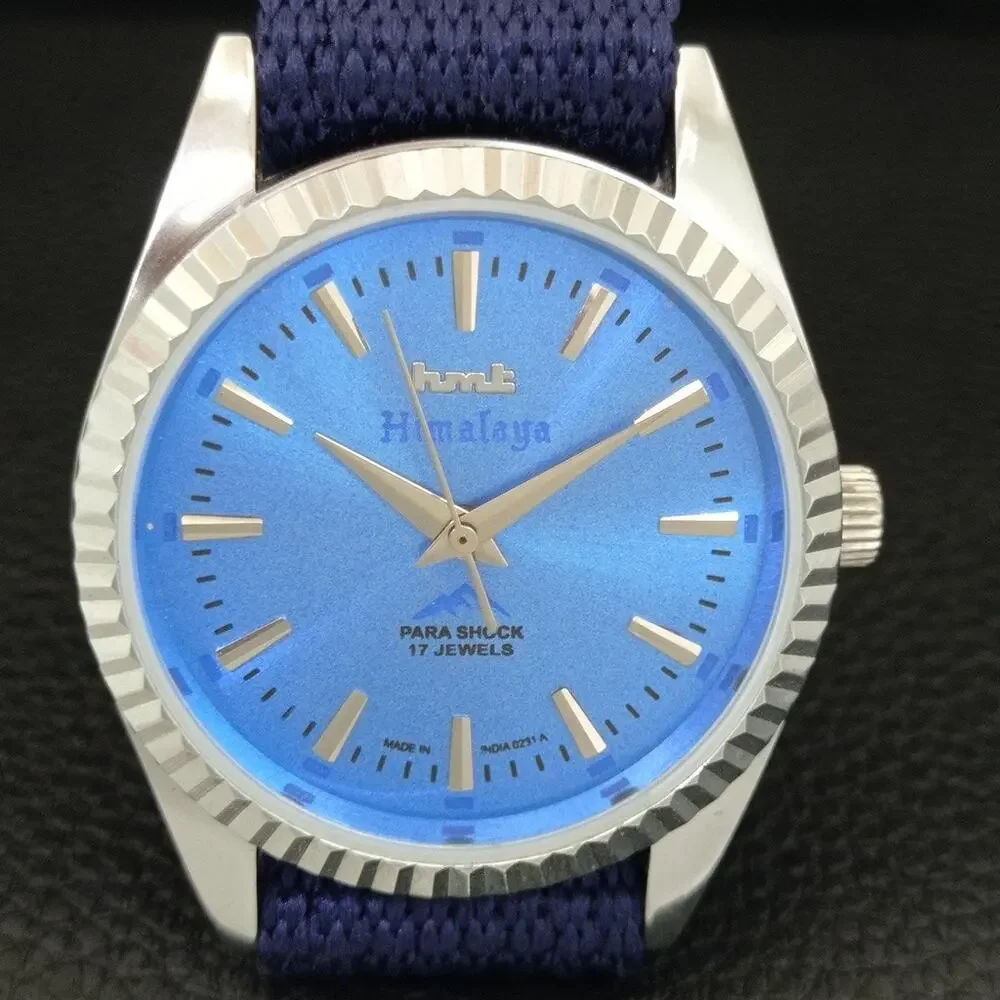 Vintage 1982 HMT Manual Wound Mens Silver Watch & Blue accents